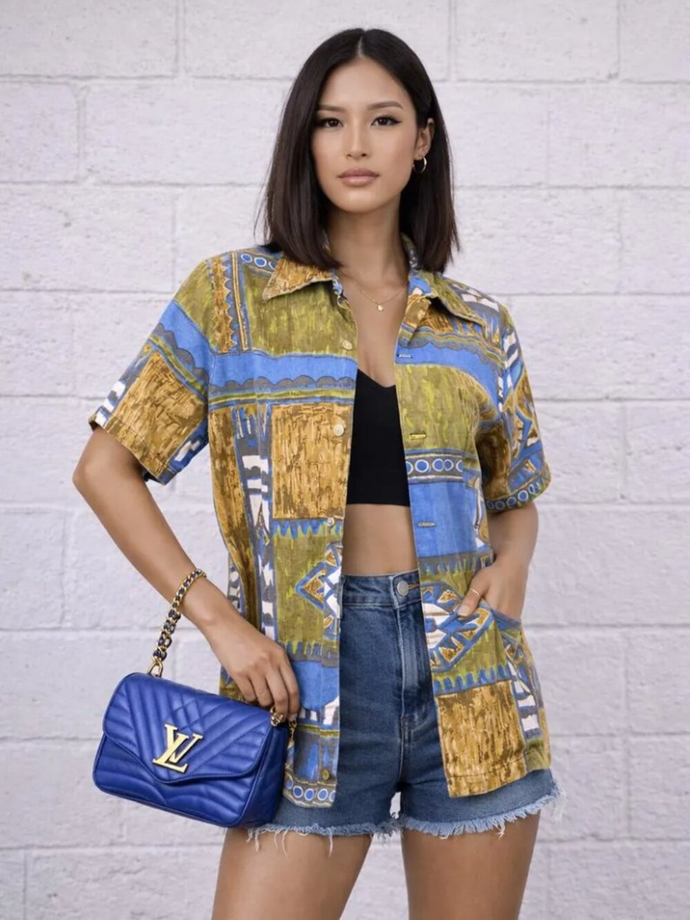 90s Vintage Blue Abstract Print Button Up Shirt | Green Art Deco Top | MEDIUM